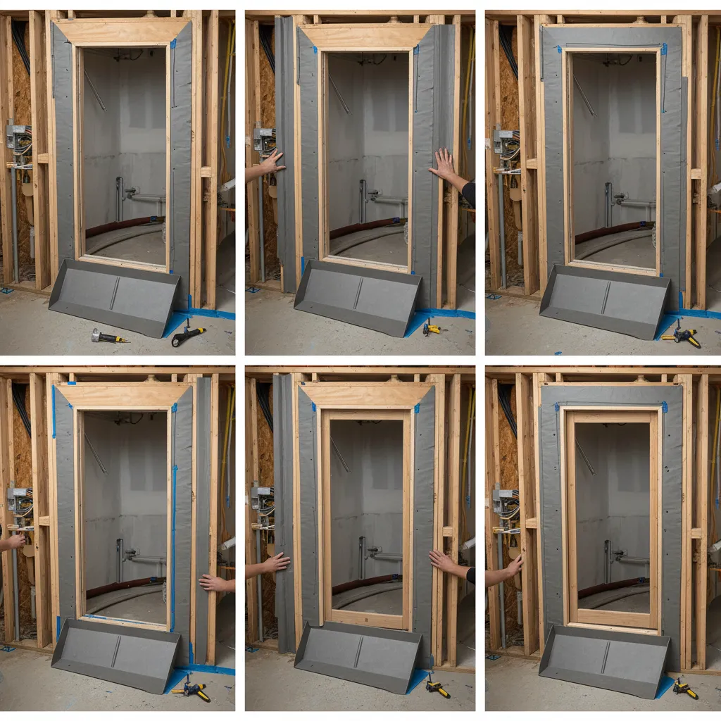 Step by step layering of sill, jamb, and head flashing around a door