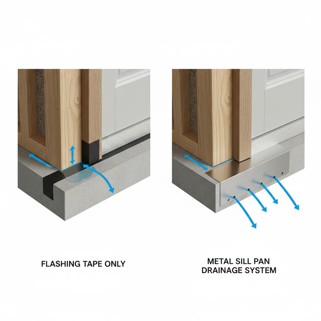 Comparison diagram showing water drainage with sill pan vs flashing tape only
