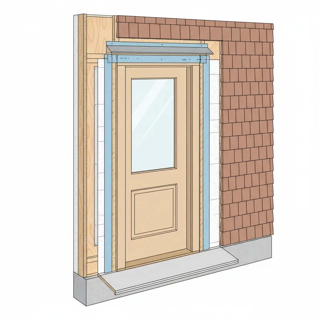 Exterior door frame with labeled flashing tape and head flashing layers
