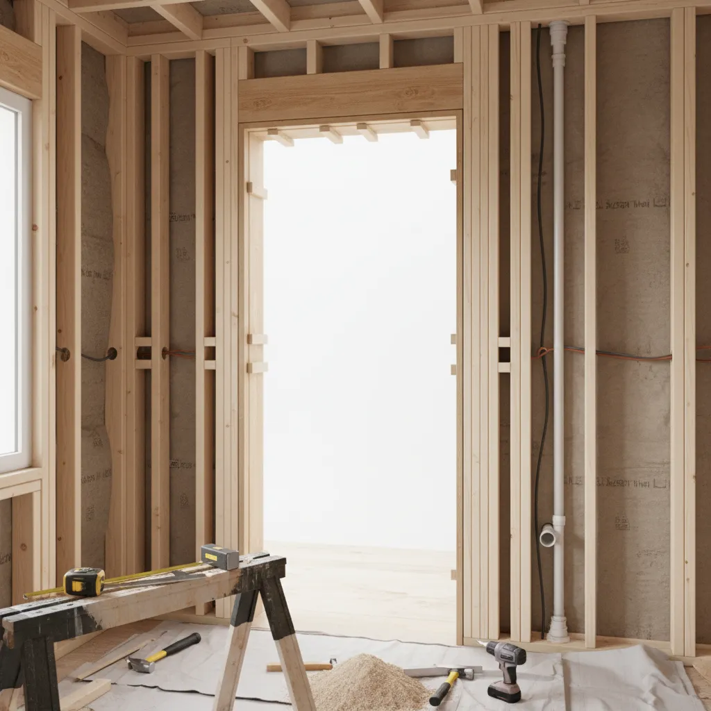 Wood shims placed between door frame and wall studs during exterior door installation