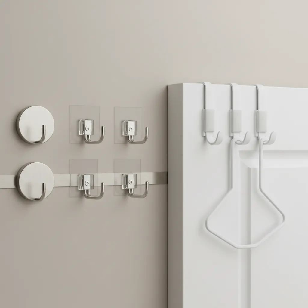 Different hooks for door decorations including adhesive magnetic and over door hooks