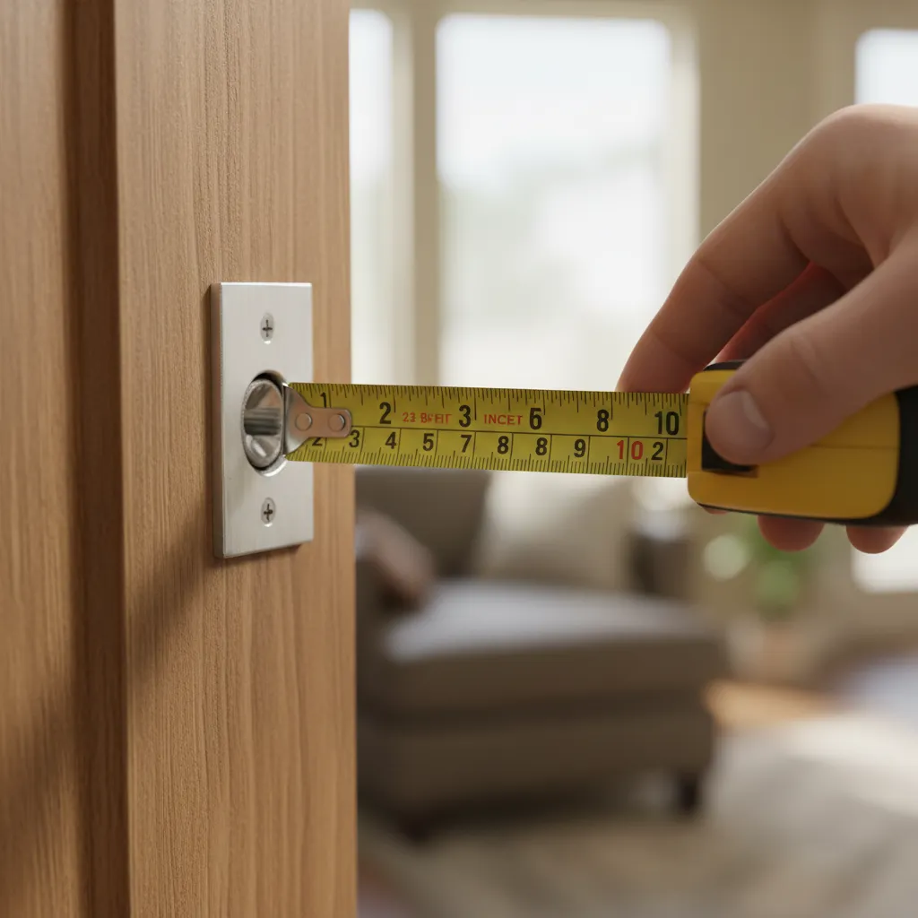 Measuring door lock backset on interior door with tape measure