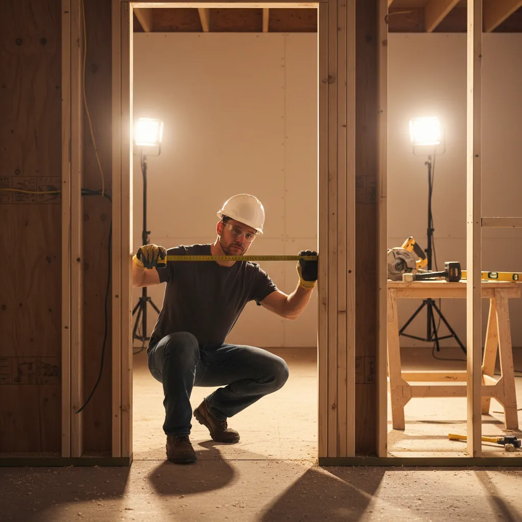 Builder measuring rough opening width between studs for exterior door
