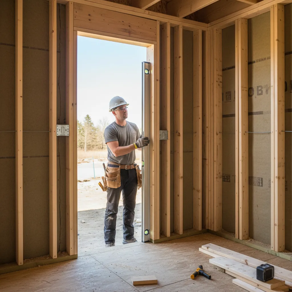 Using a level tool to check if exterior door framing is square and plumb