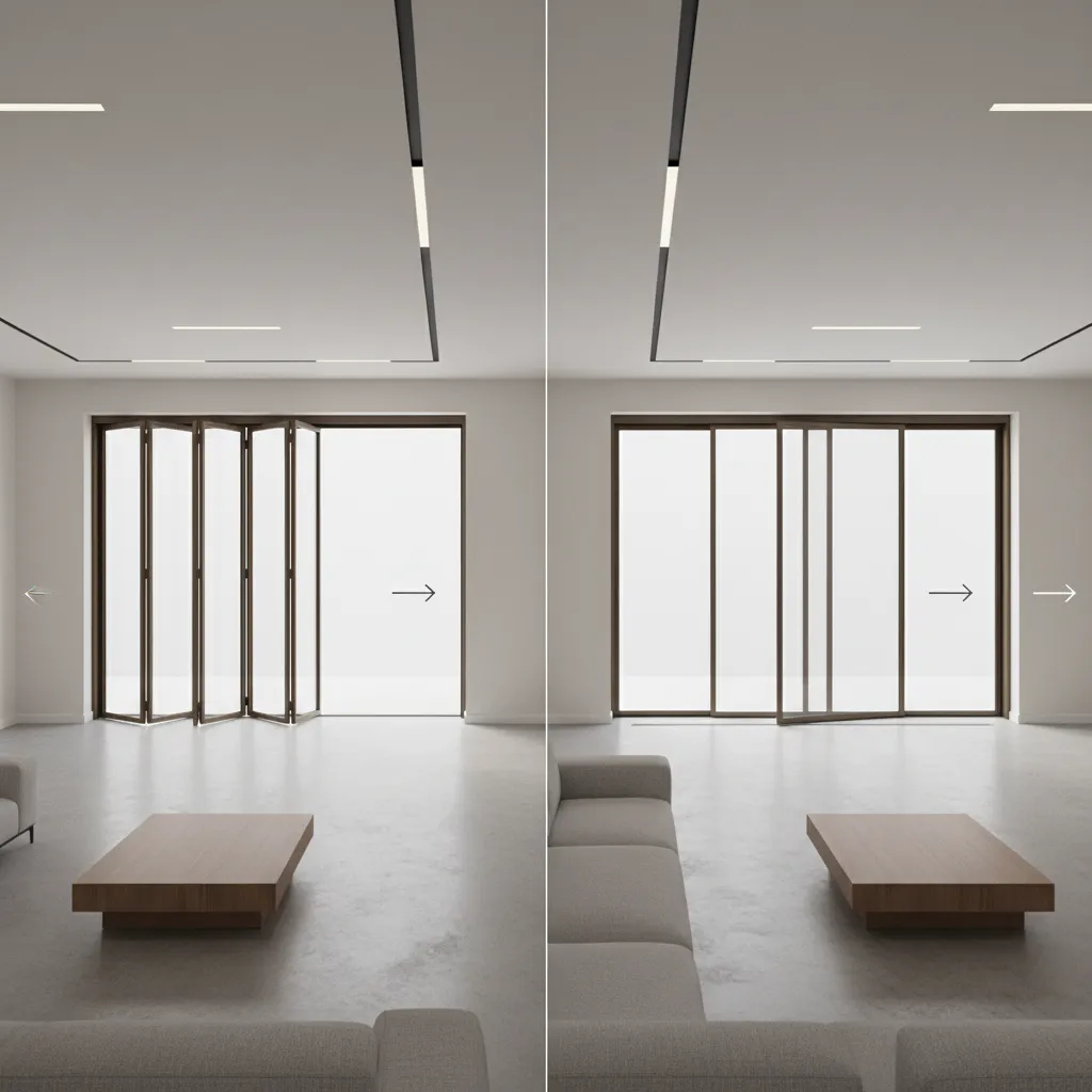 Diagram style visual comparison of folding door stacking space versus sliding door movement