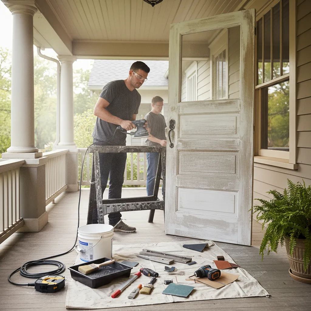 worker sanding and priming a front door before exterior paint application