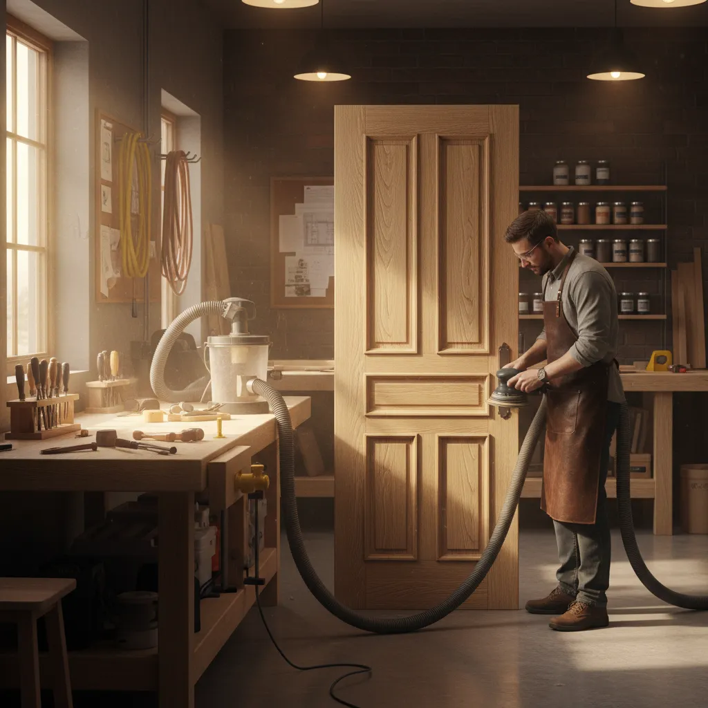 Professional sanding and refinishing process for a wooden door