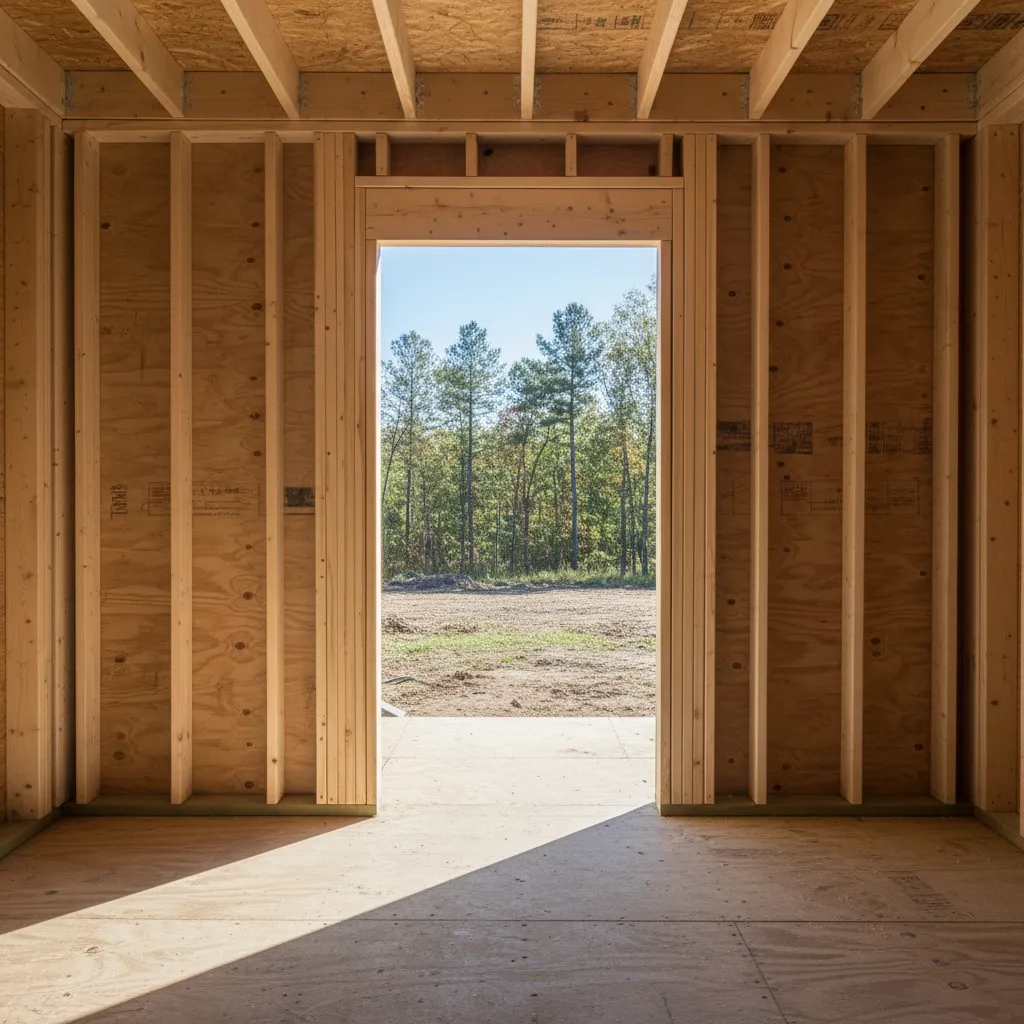 Framed exterior door rough opening in residential wall construction
