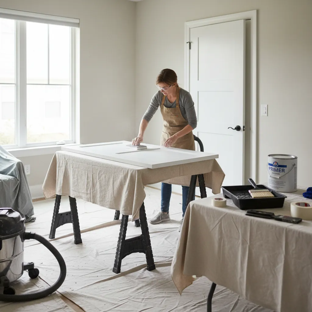 preparing a bedroom door for painting by sanding and applying primer
