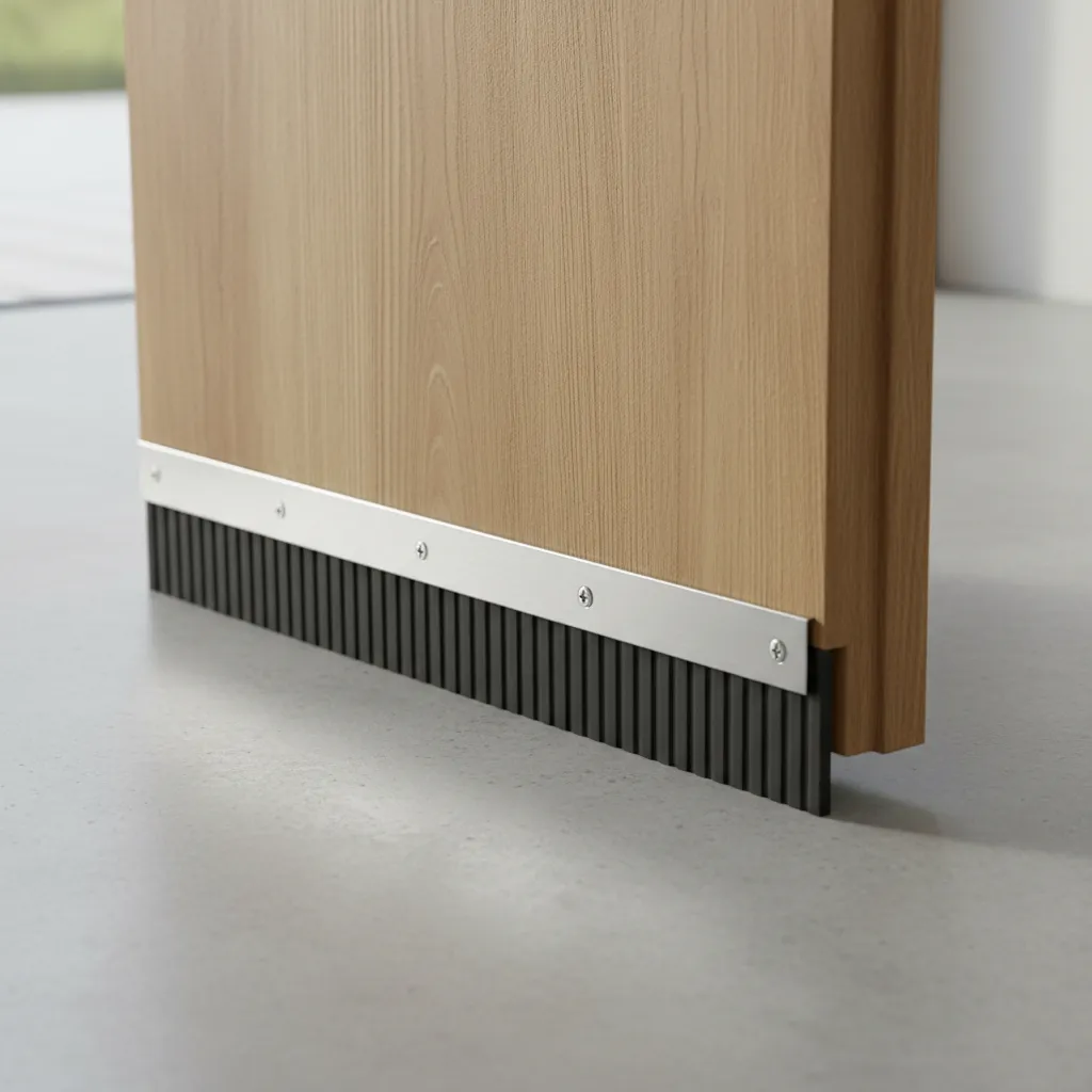 Close-up of rubber door sweep attached to exterior door bottom