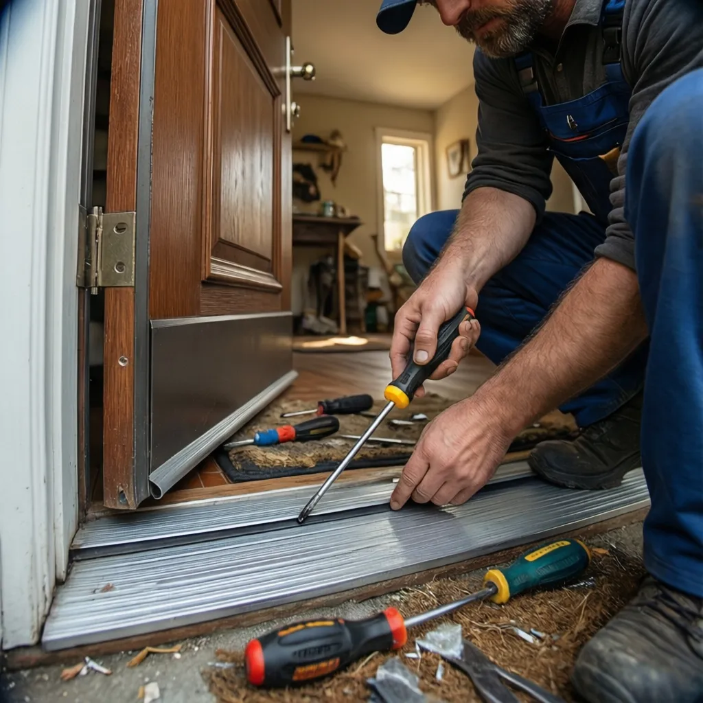 Technician adjusting door sweep height for tight floor seal