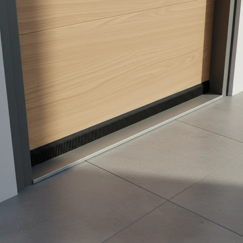 close up of door sweep installed along the bottom of an exterior door