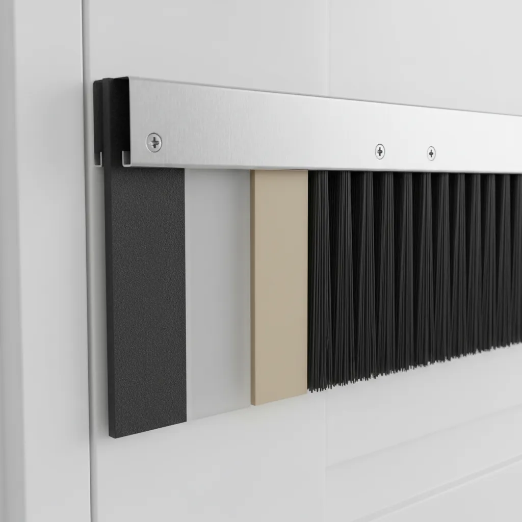 close up of rubber silicone vinyl and brush door sweep materials