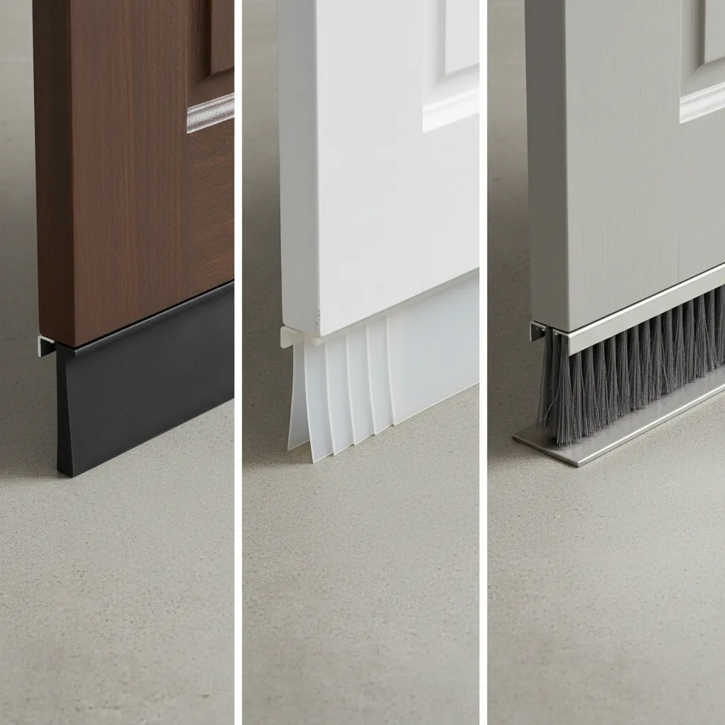 Different door sweep materials including rubber silicone and brush