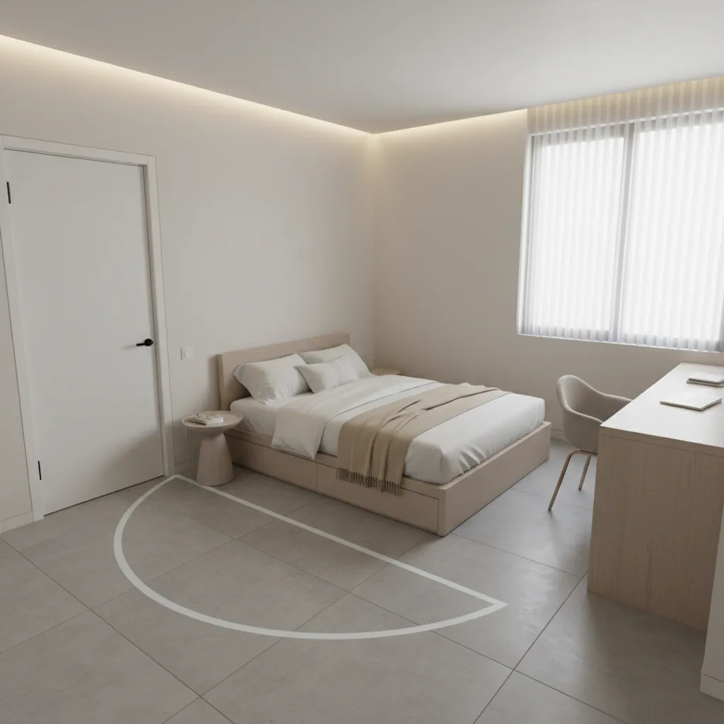 Interior layout showing door swing clearance occupying usable floor space in a small bedroom