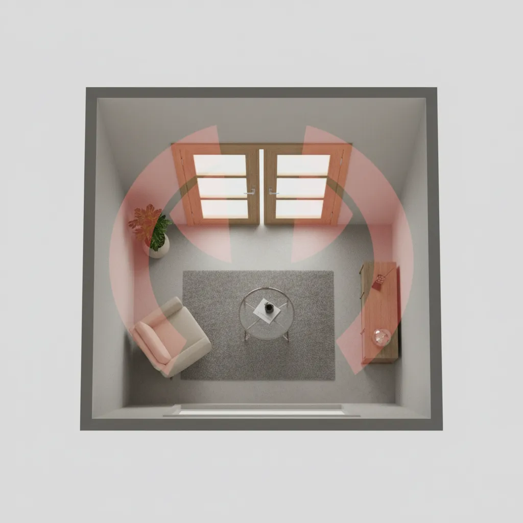 Visualization of double door swing arcs colliding with wall and furniture