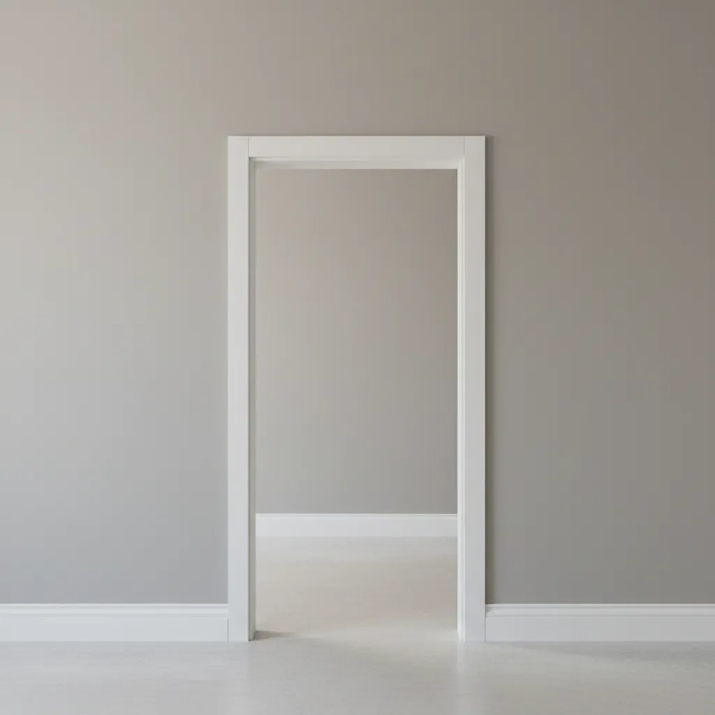 Diagram style interior showing baseboard stopping at doorway opening