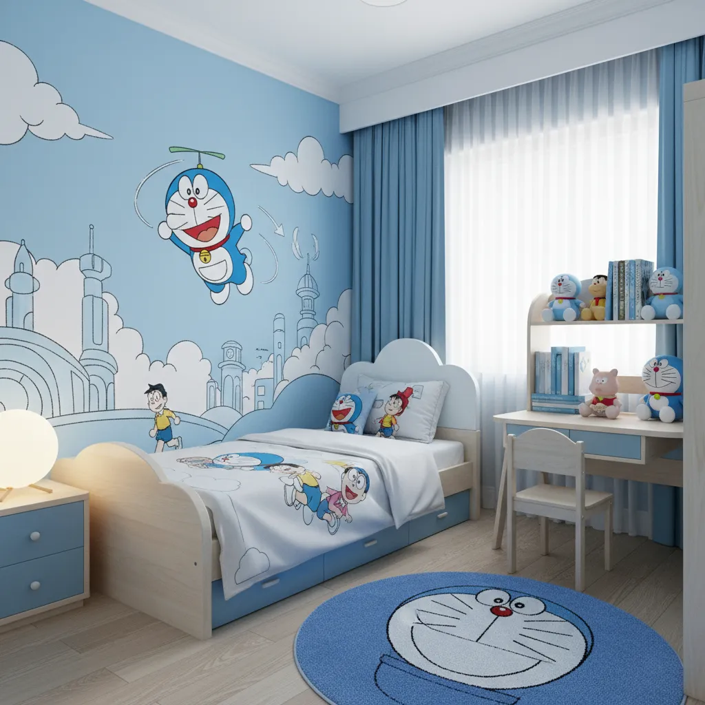 Phòng ngủ Doraemon với tường xanh và nội thất trắng