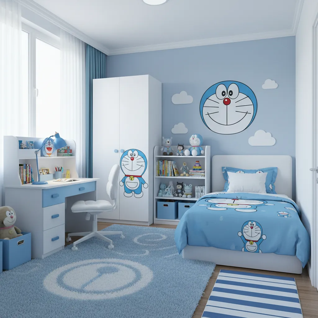Bố trí nội thất phòng ngủ Doraemon với giường và bàn học