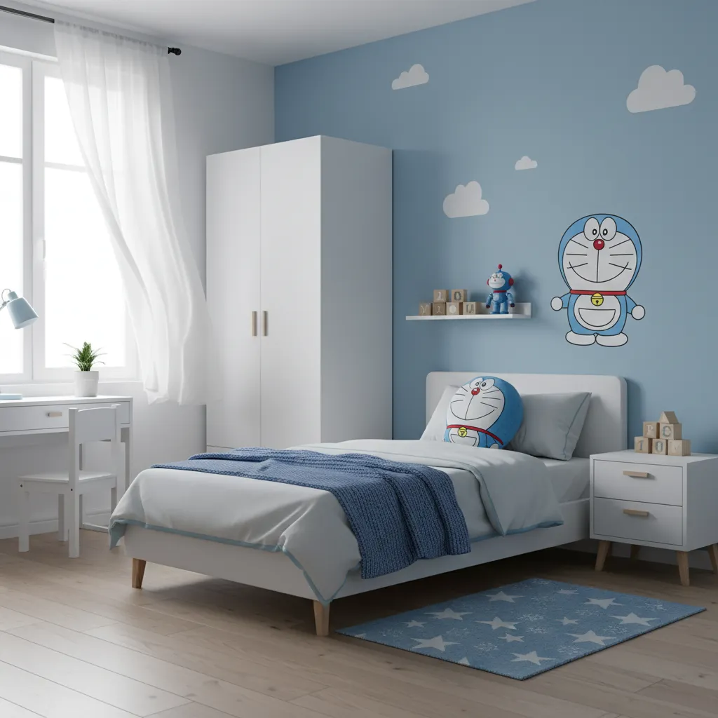 Tổng thể phòng ngủ trẻ em với trang trí Doraemon màu xanh