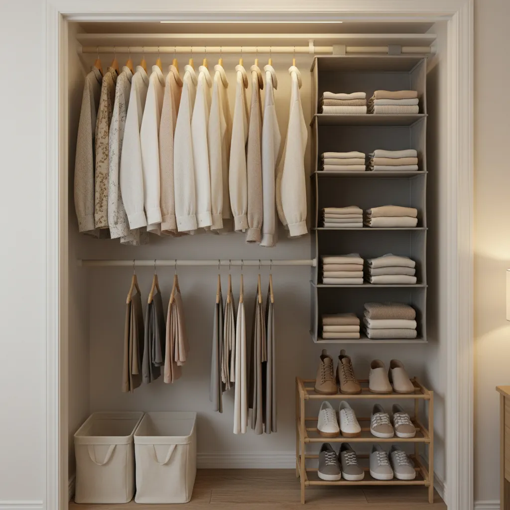 dorm closet with hanging shelves double rod and shoe organizer