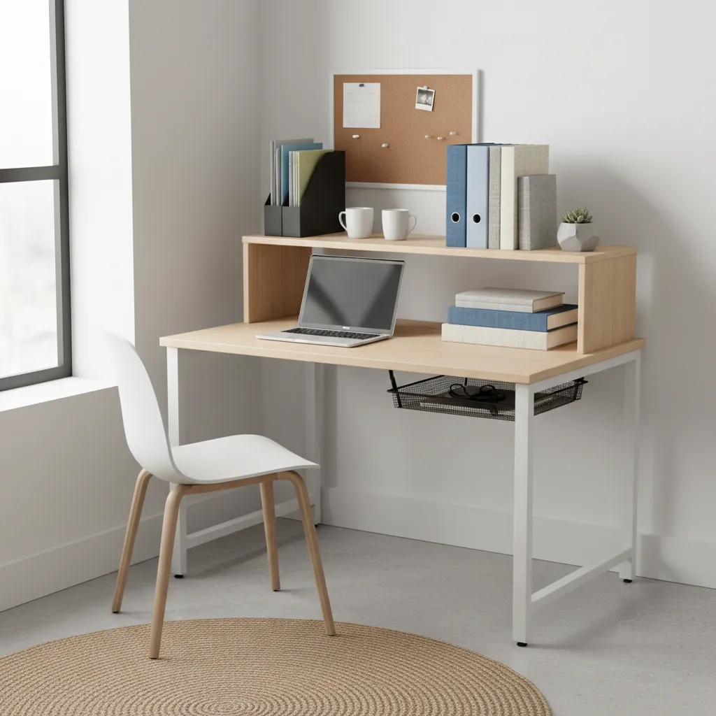 organized dorm study desk with shelf riser and cable management