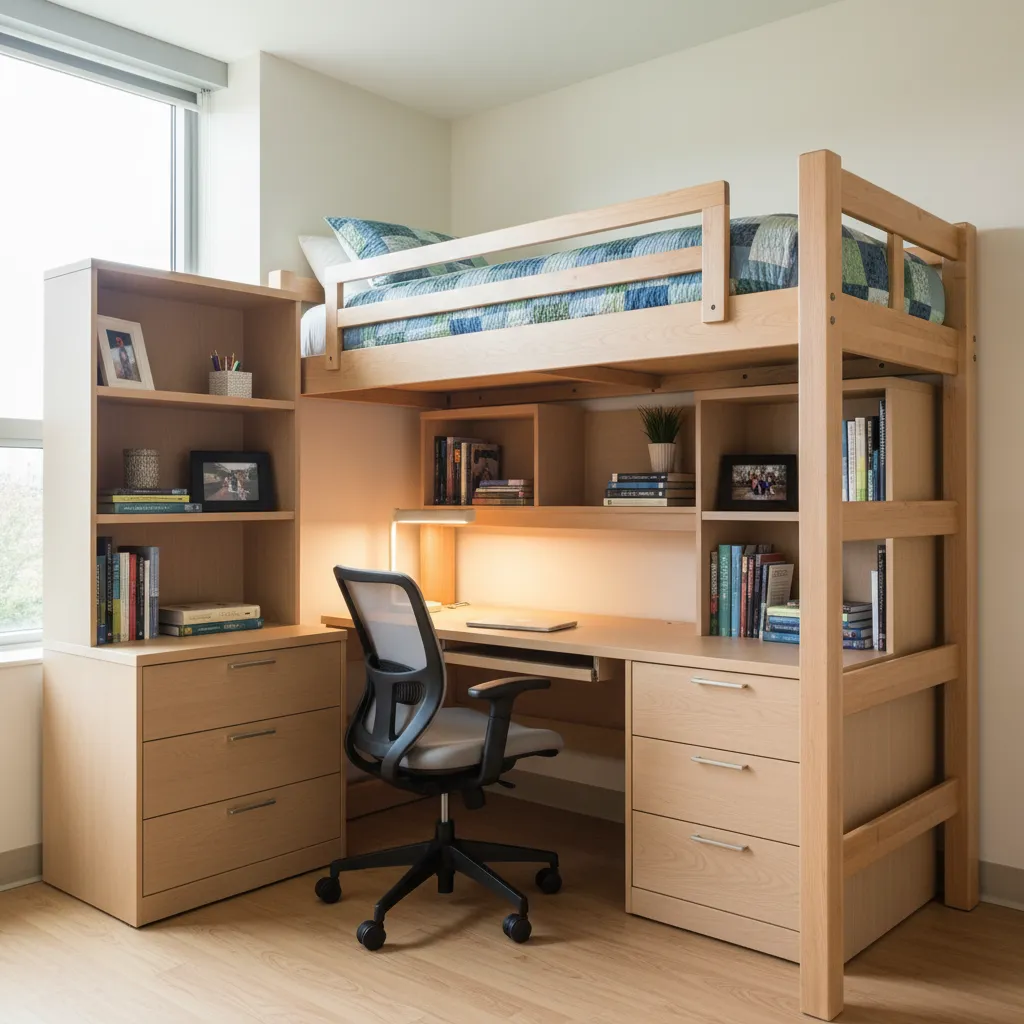 college dorm furniture arrangement showing loft bed desk and storage layout