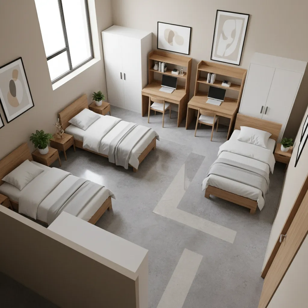 dorm furniture layout showing beds desks and wardrobes arranged safely