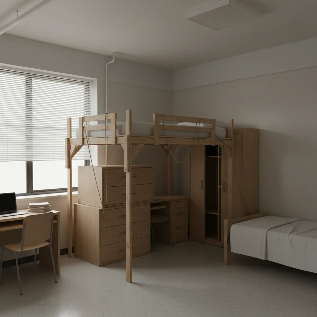 Dorm furniture incorrectly stacked showing unsafe modification example