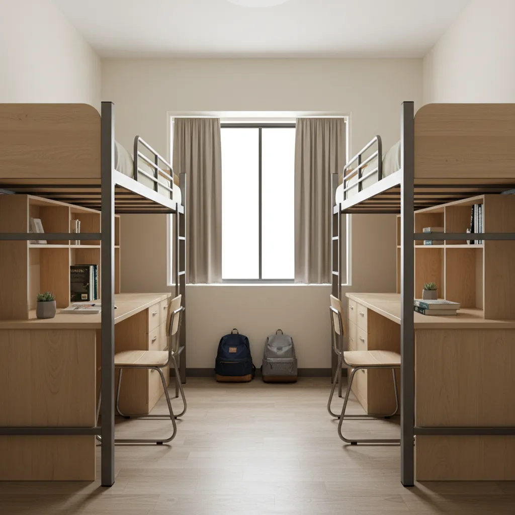 College dorm room layout with bunk beds and study desks
