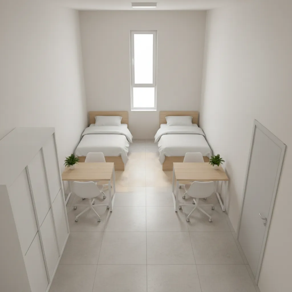 student dorm layout showing walking paths between beds desks and door