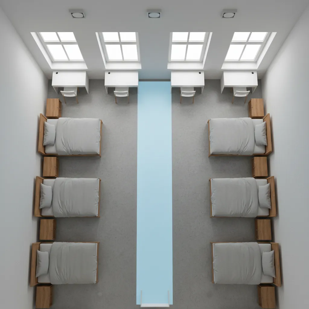 Dorm room layout diagram showing central walking path and furniture zones