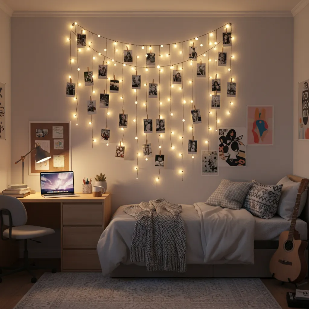 Dorm room wall decorated with string lights and photos