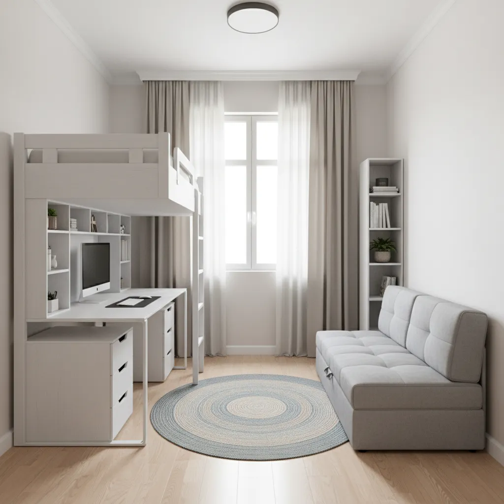 optimized dorm room furniture layout with lofted bed and study area