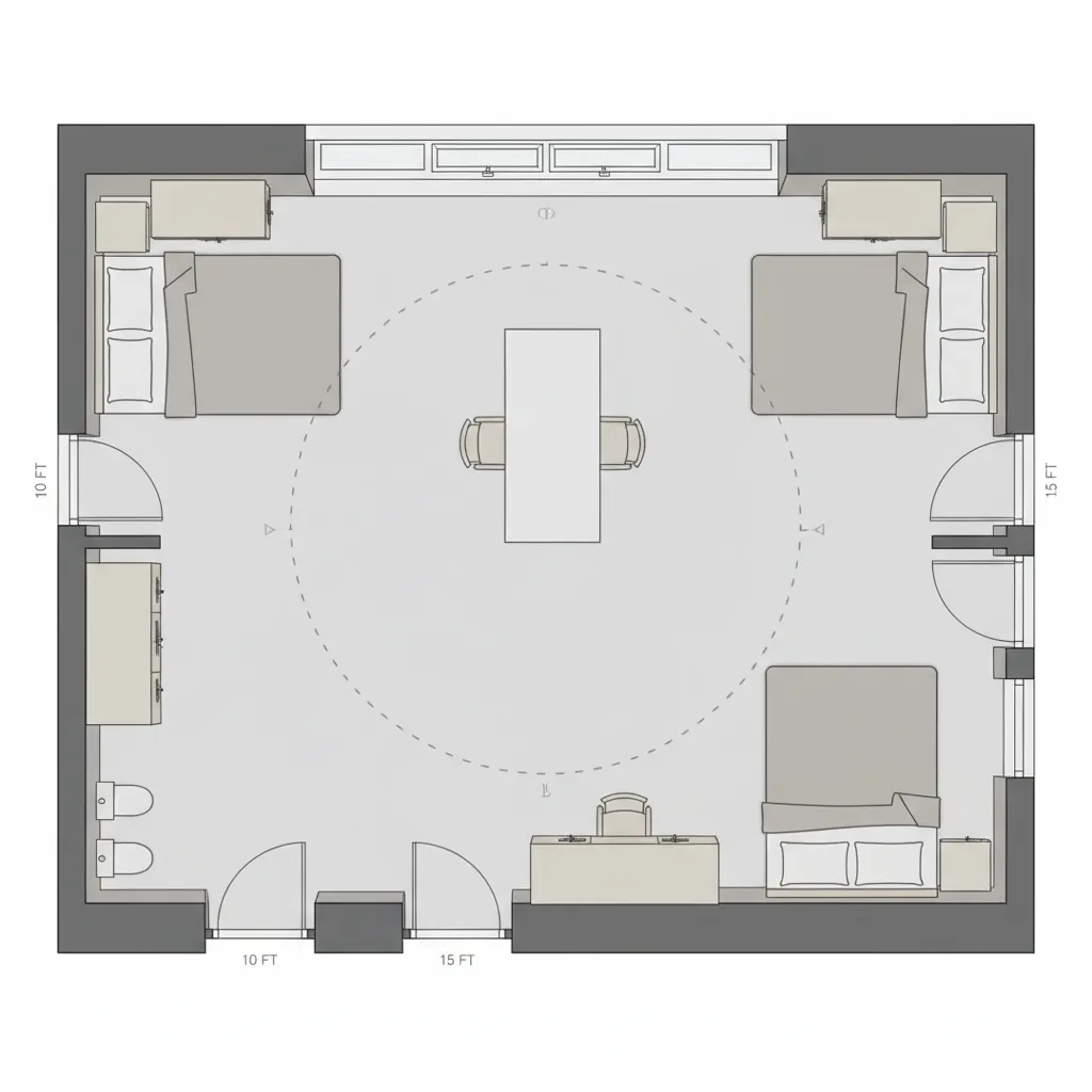 top down dorm room furniture layout showing beds desks and walking paths
