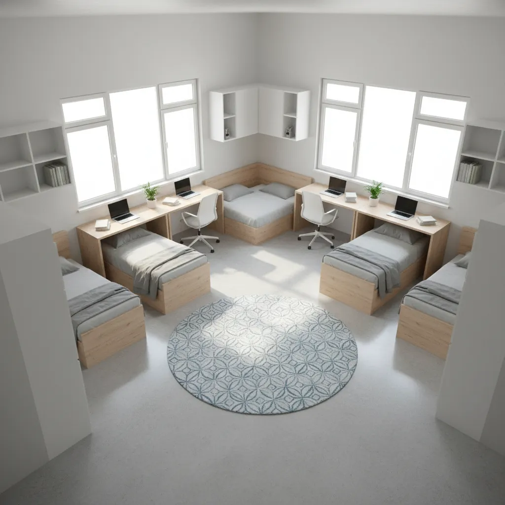 Dorm room layout example showing beds desks rearranged for better space