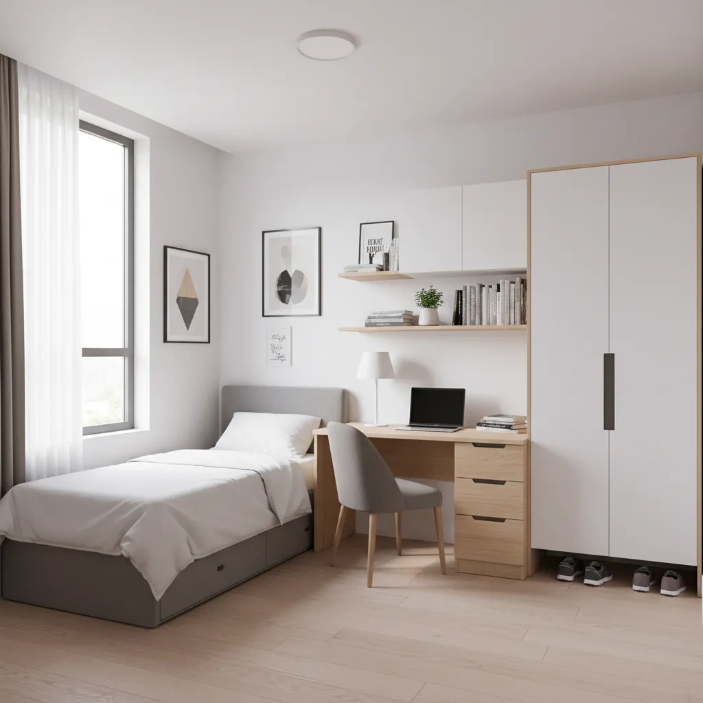 organized college dorm room layout with bed desk and storage zones