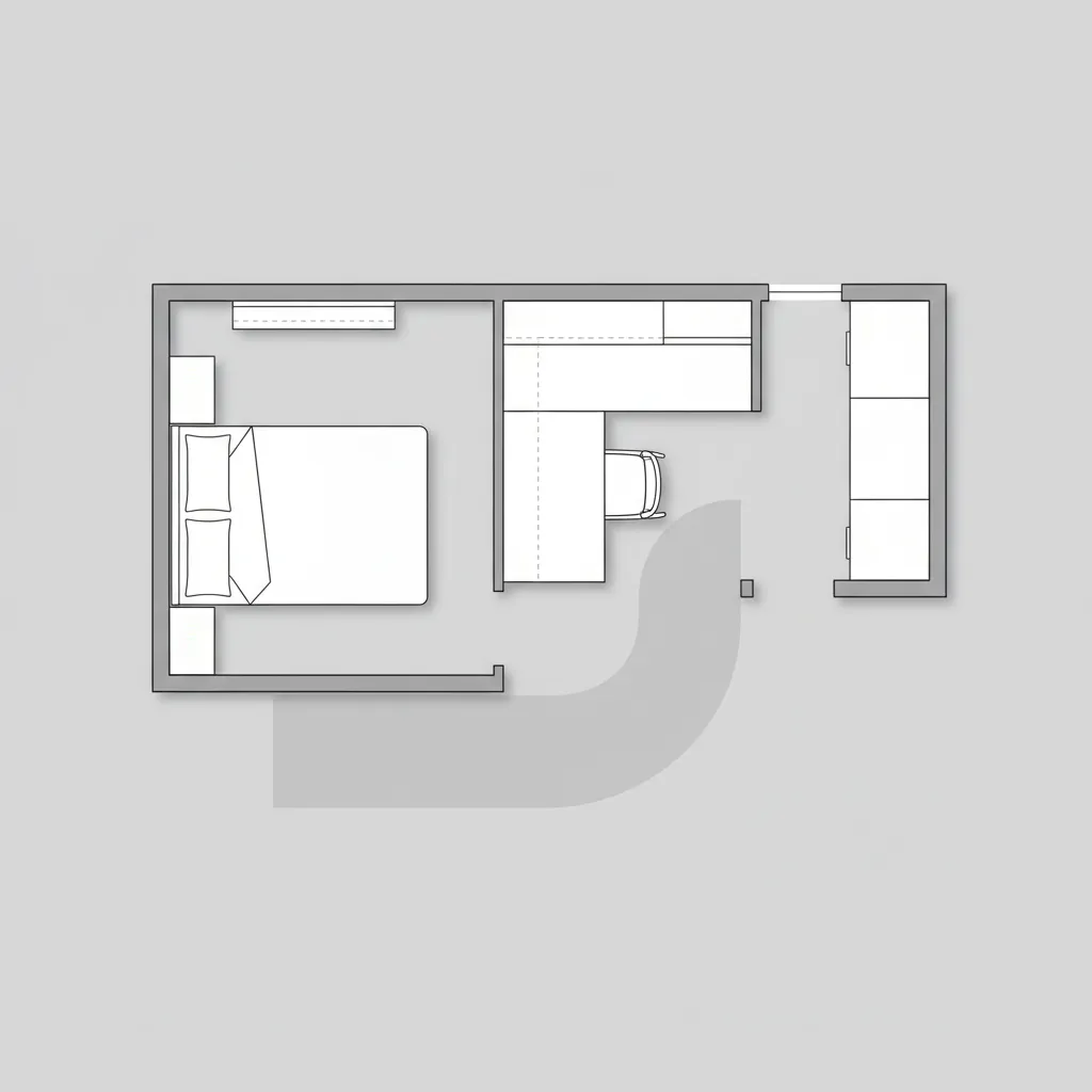 simple dorm room layout planning diagram showing bed desk and walking path