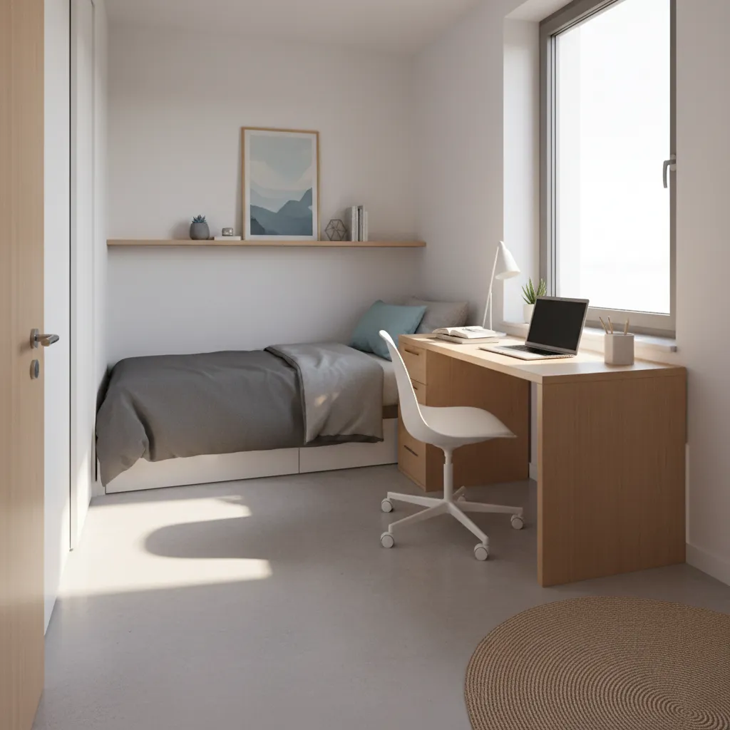 student dorm room layout with bed desk and storage arranged efficiently