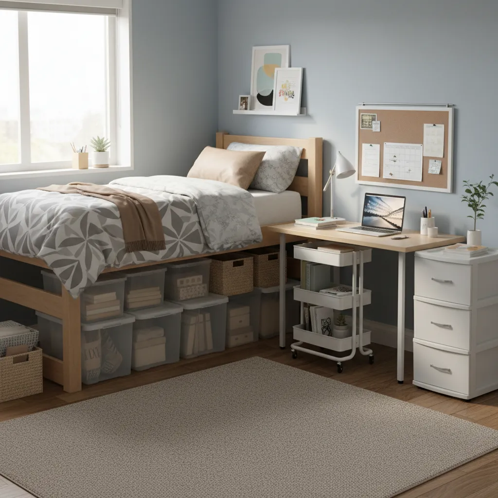 organized dorm room using bed risers rolling carts and removable storage