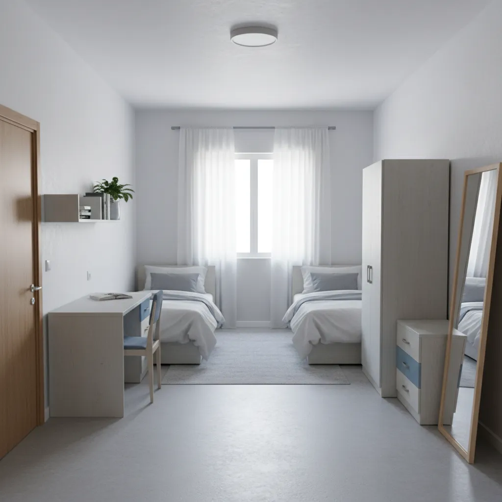 Dorm room layout with clear walkway from bed to door for fire safety