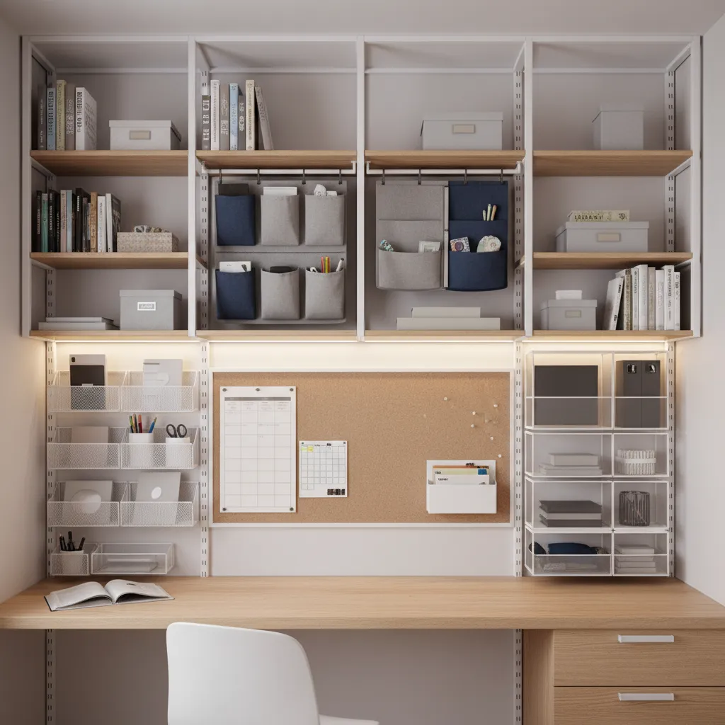 dorm room using vertical wall storage shelves and hanging organizers
