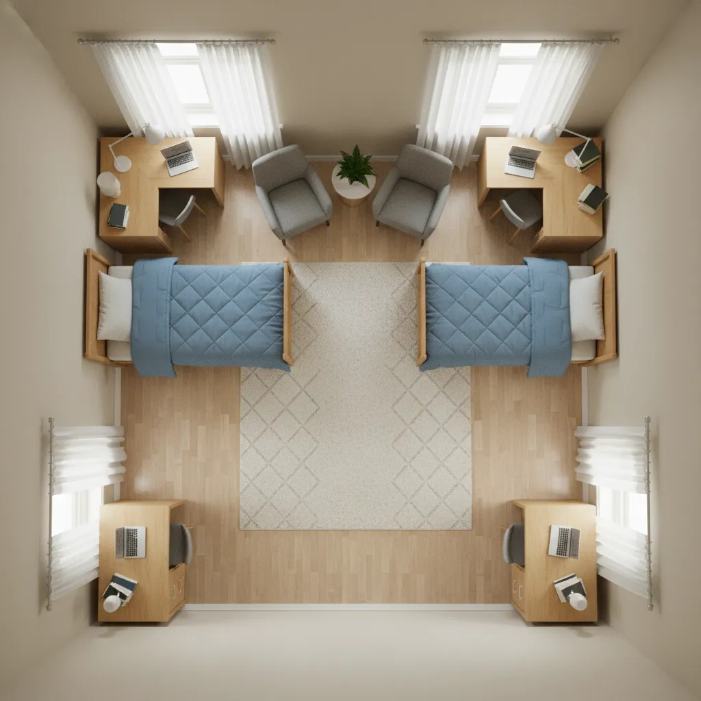Dorm layout showing clear walking path between beds desks and door