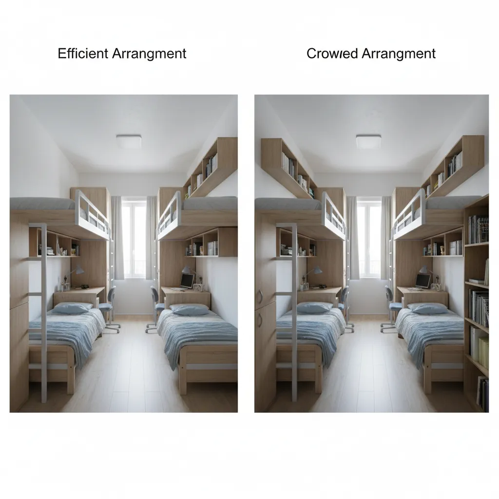 Comparison visualization showing efficient dorm furniture layout and circulation space
