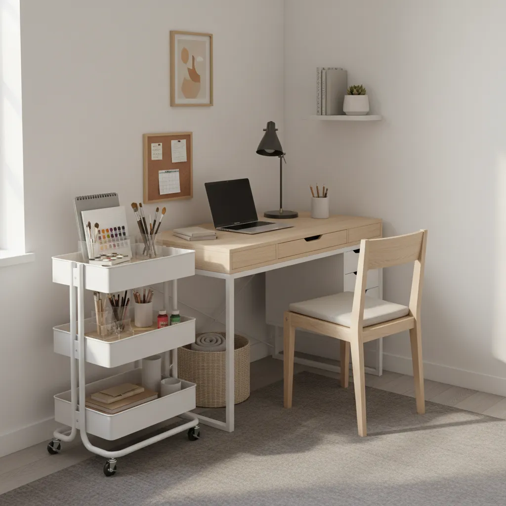 rolling cart storage beside dorm desk and bed