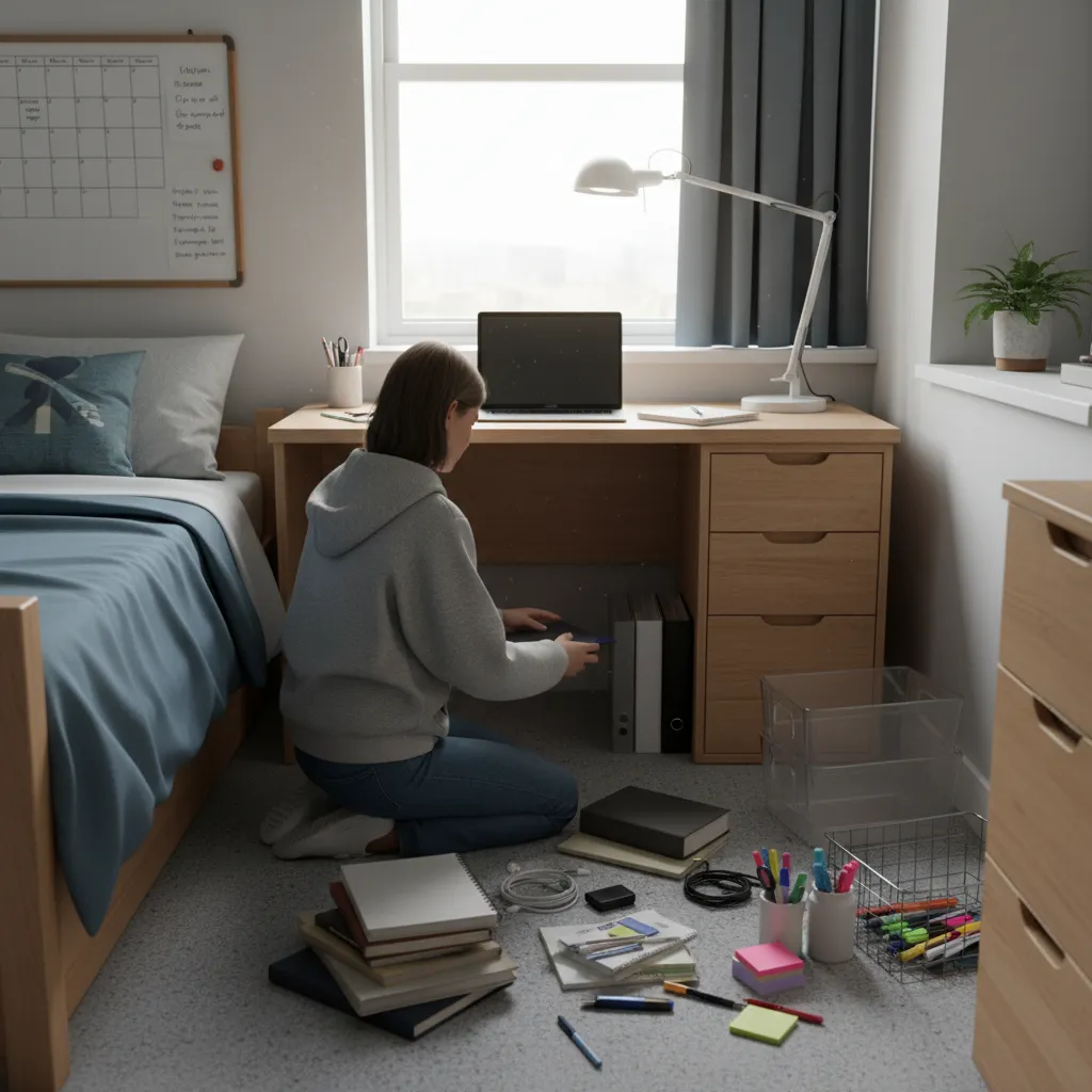 college dorm desk cleared during organization reset process