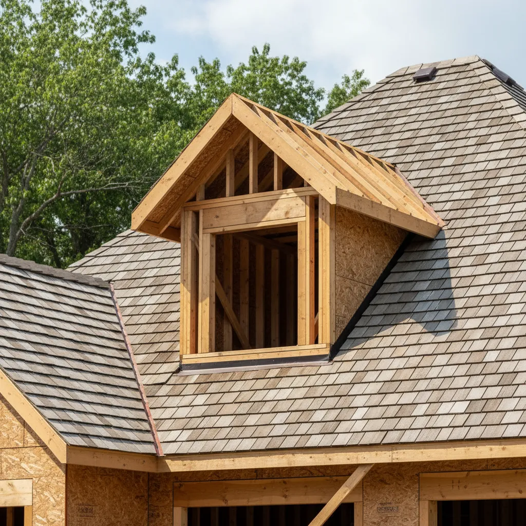 Dormer built into an existing sloped roof showing structural framing changes