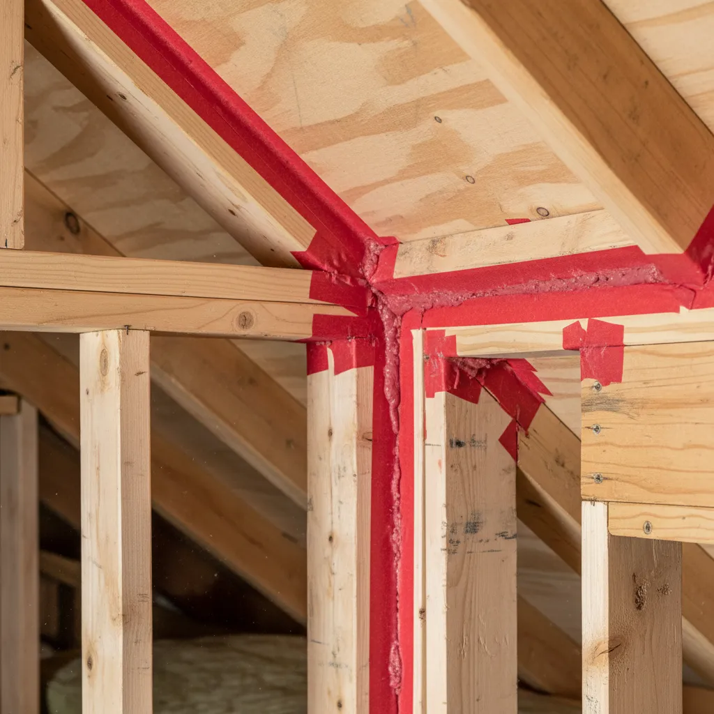 air sealing foam and tape around dormer framing joints