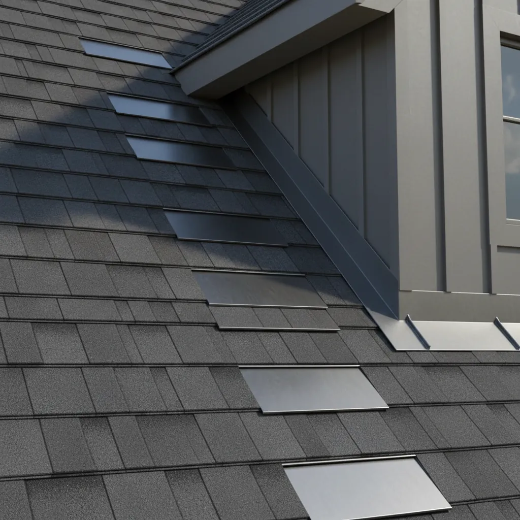 Step flashing installed where a dormer roof meets the main roof