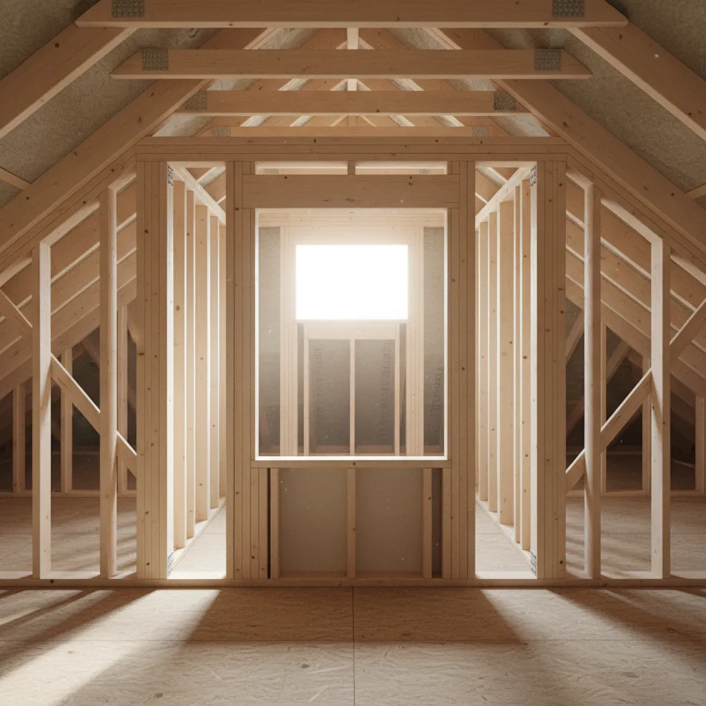 Interior attic view showing dormer framing and header reinforcement